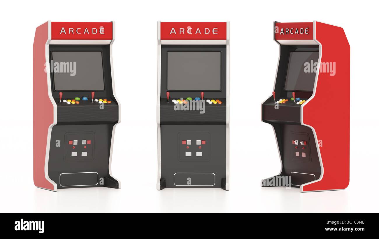 Macchina arcade isolata su sfondo bianco. Illustrazione 3D. Foto Stock