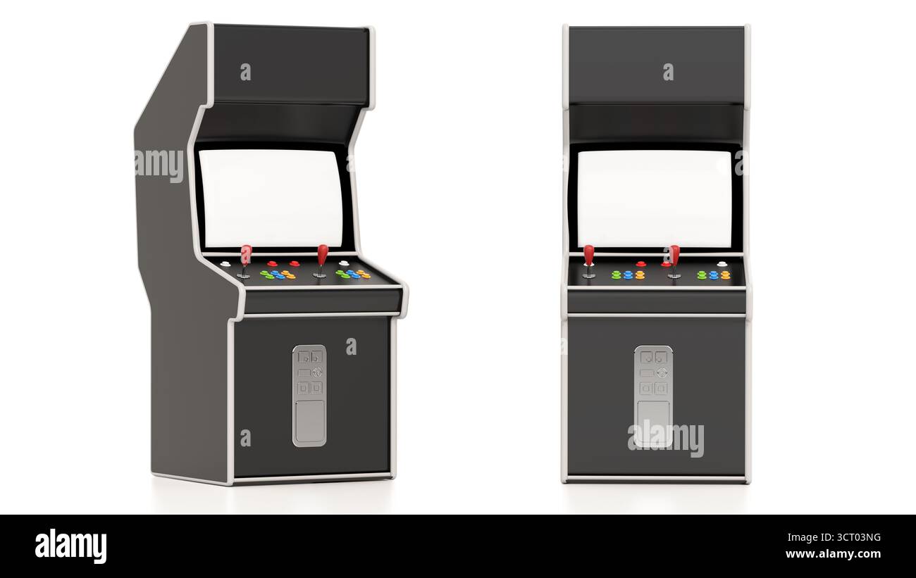 Macchina arcade isolata su sfondo bianco. Illustrazione 3D. Foto Stock