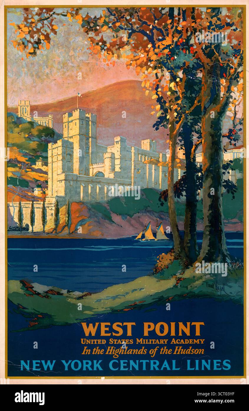 West Point Military Academy, vista dall'altra parte del fiume Hudson - West Point, Accademia militare degli Stati Uniti, negli altopiani dell'Hudson. New York Central Lines, poster di viaggio degli anni '1920 Foto Stock
