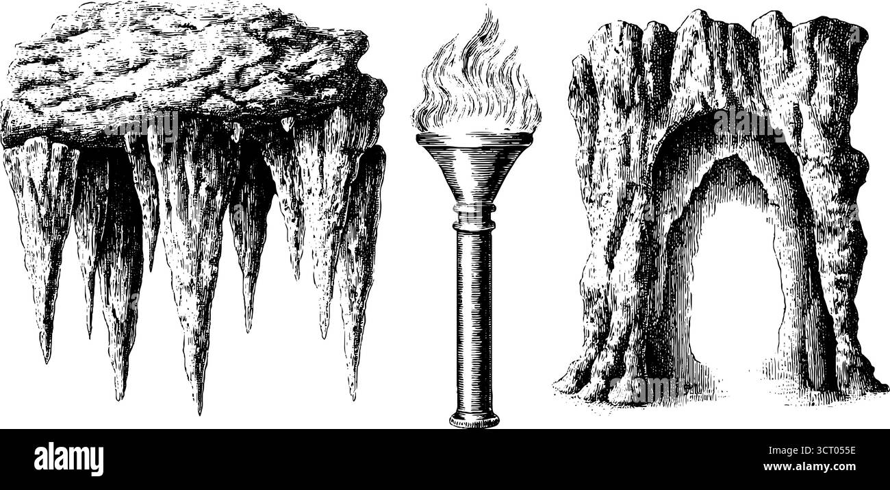 Set illustrativo per l'esplorazione delle grotte d'epoca con stalattiti e design con torcia fiammeggiante per poster o carte. Illustrazione Vettoriale