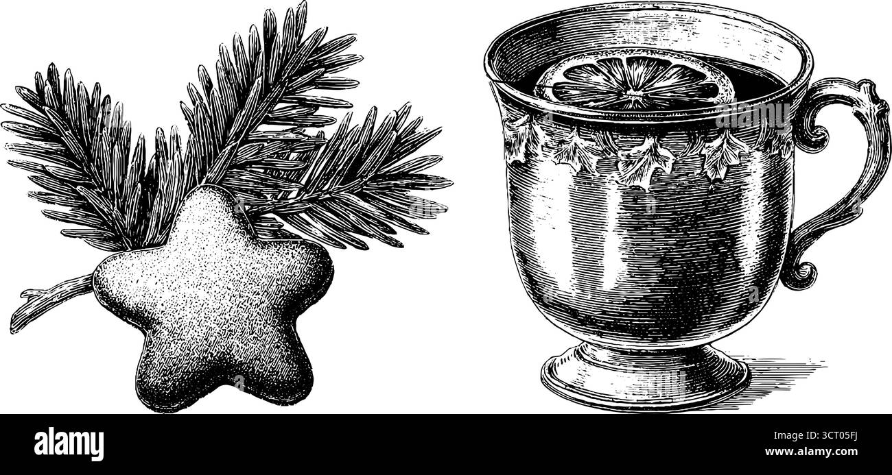 Set illustrativo inciso sul mercato di Natale con VIN brulé e biscotti al pan di zenzero per un design festivo. Illustrazione Vettoriale