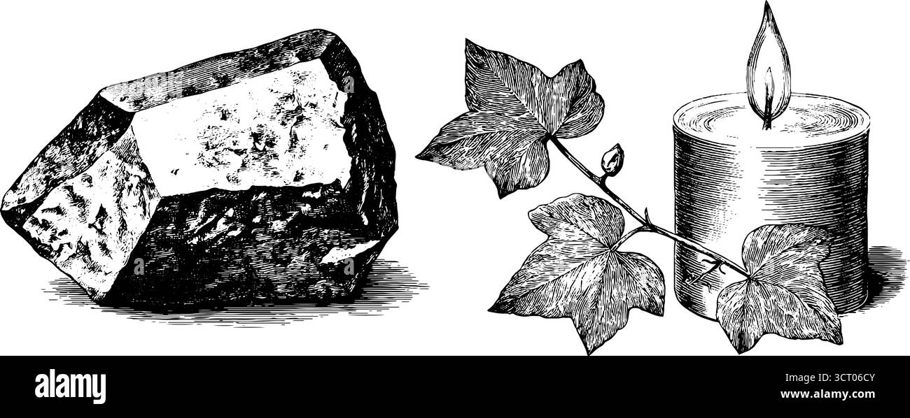 Set di illustrazioni incise con punta di ametista e candela con edera per un design retrò. Illustrazione Vettoriale