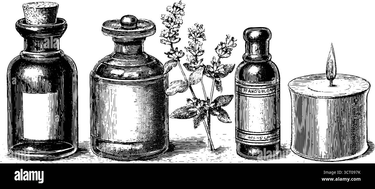 Set illustrativo vintage inciso di bottiglie di olio essenziale con candele aromatiche ed erbe aromatiche. Illustrazione Vettoriale