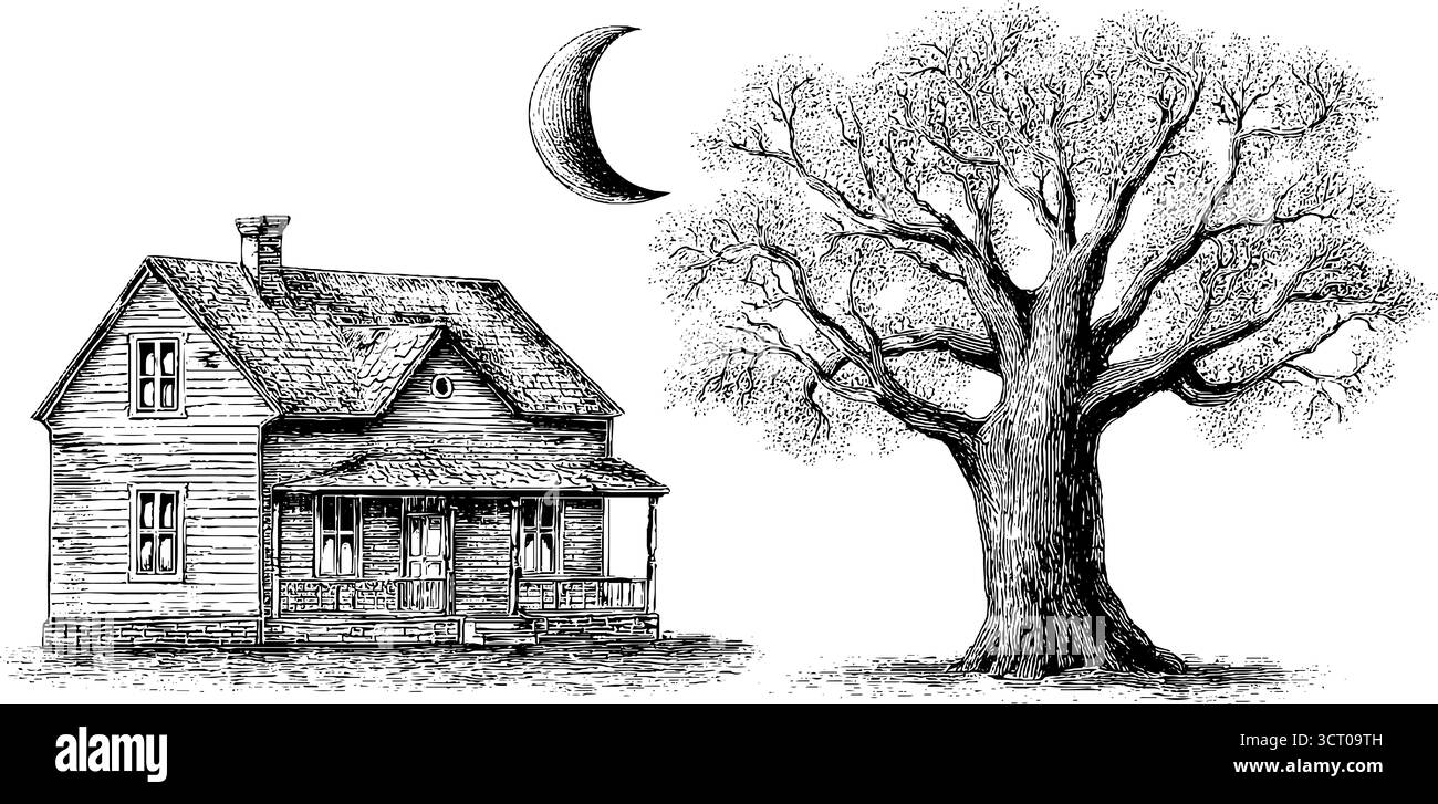 Incisione vintage di una casa infestata con luna crescente per l'arredamento di halloween. Illustrazione Vettoriale