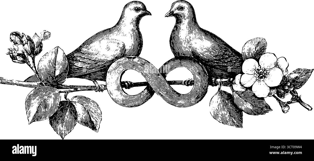 Illustrazione vintage incisa del simbolo dell'infinito e uccelli con motivi floreali. Illustrazione Vettoriale