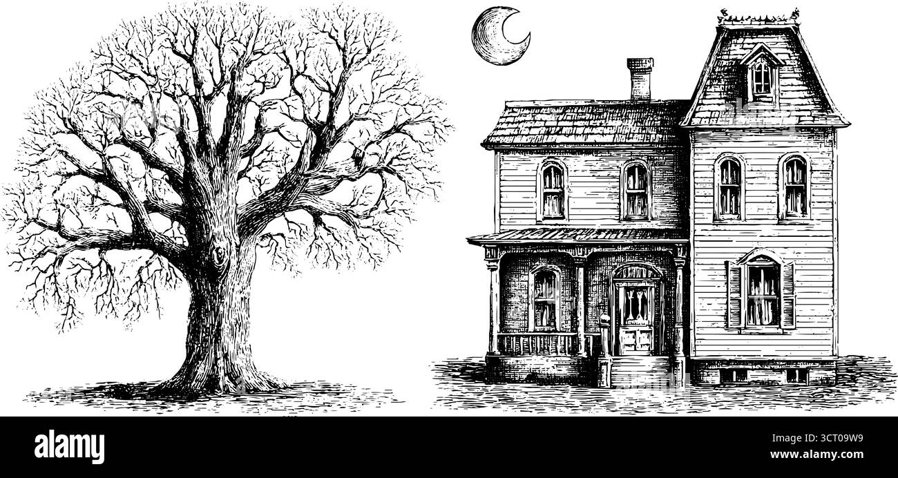 Set di illustrazioni incise di una casa infestata e di un albero arido sotto la notte al chiaro di luna per l'arredamento di halloween. Illustrazione Vettoriale