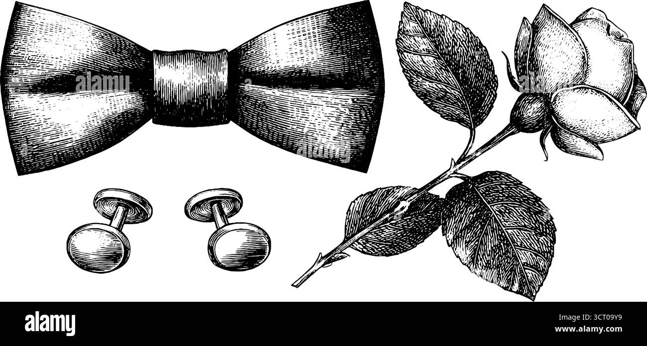 Accessori vintage per lo sposo e set per incisioni di rose per un design e un arredamento eleganti. Illustrazione Vettoriale