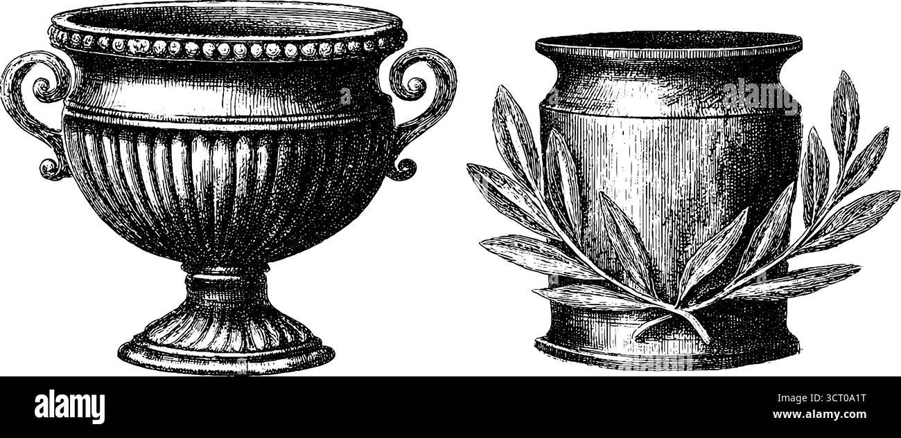 Set illustrativo vintage con incisioni di vasi krater con decorazioni classiche per un design retrò. Illustrazione Vettoriale