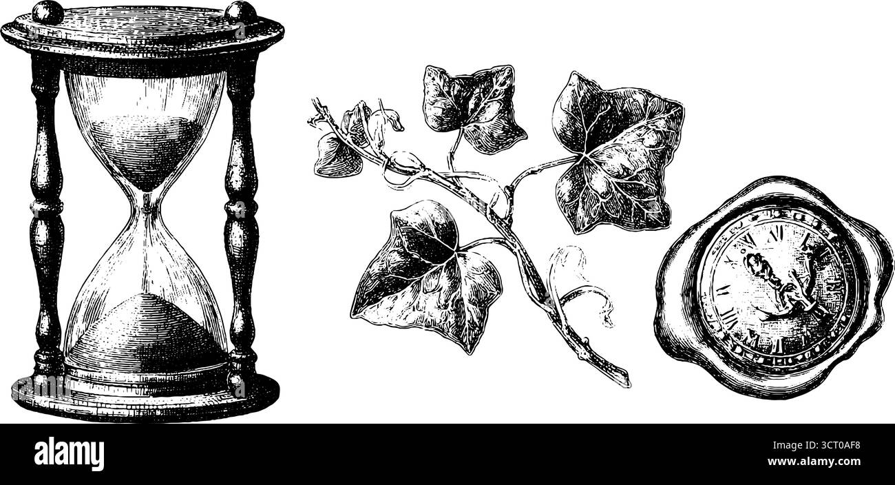 Illustrazione vintage incisa di clessidra, edera e orologio da tasca per un design retrò. Illustrazione Vettoriale