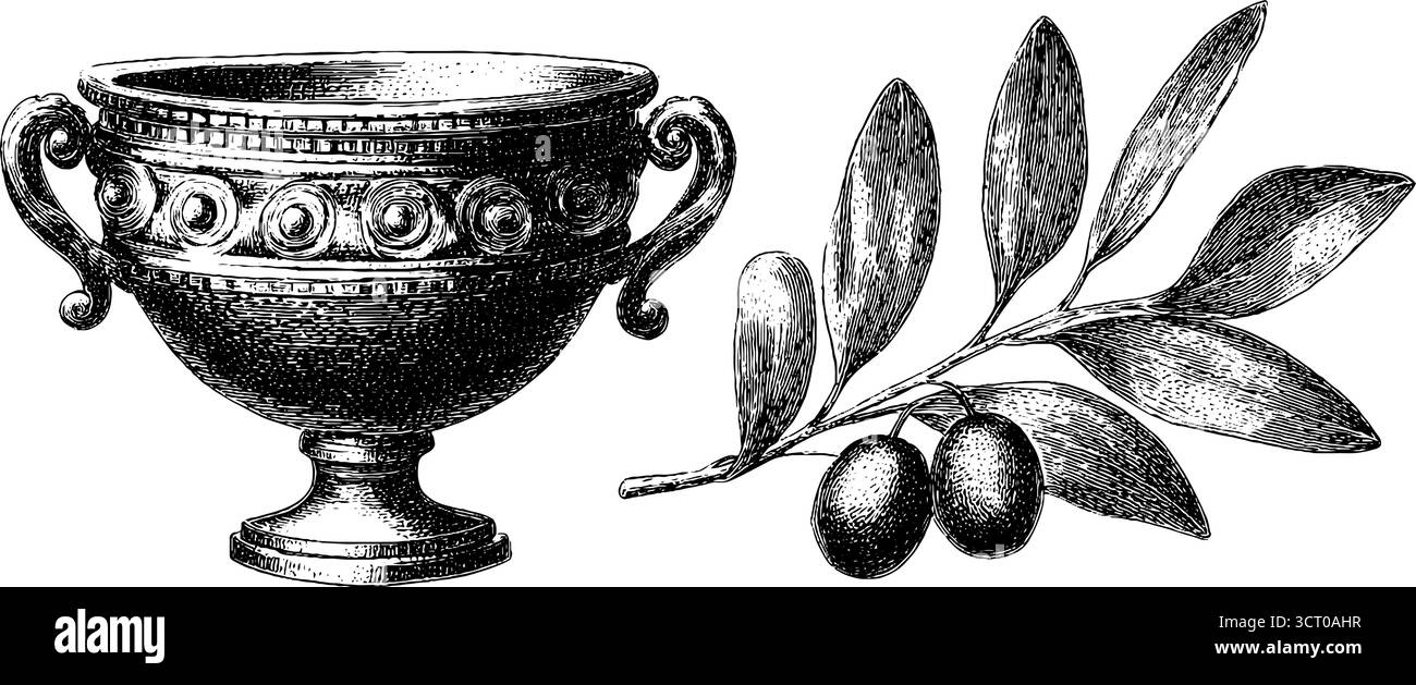 Set illustrativo vintage con incisioni di vaso krater e ramoscello d'oliva per un design retrò. Illustrazione Vettoriale