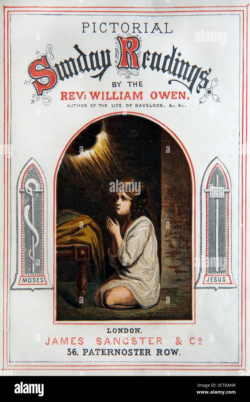Copertina delle letture pittoriche domenicali del XIX secolo del reverendo William Owen volume 1 con illustrazione dipinta a mano di Samuel che prega e ascolta Foto Stock
