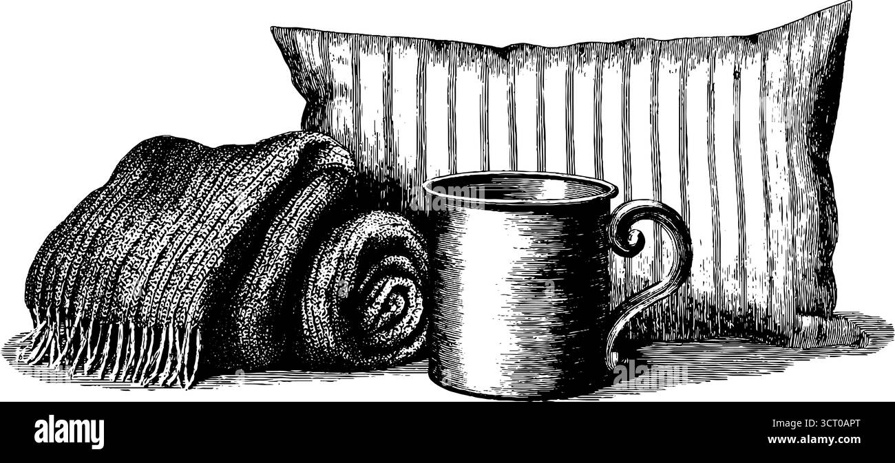 Intimi indispensabili invernali: Coperta a maglia, cuscino e set illustrativo con incisione a tazza. Illustrazione Vettoriale