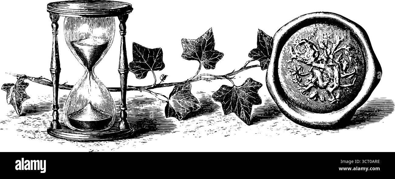 Set vintage inciso con clessidra e foglia di edera con sigillo di cera. Illustrazione Vettoriale
