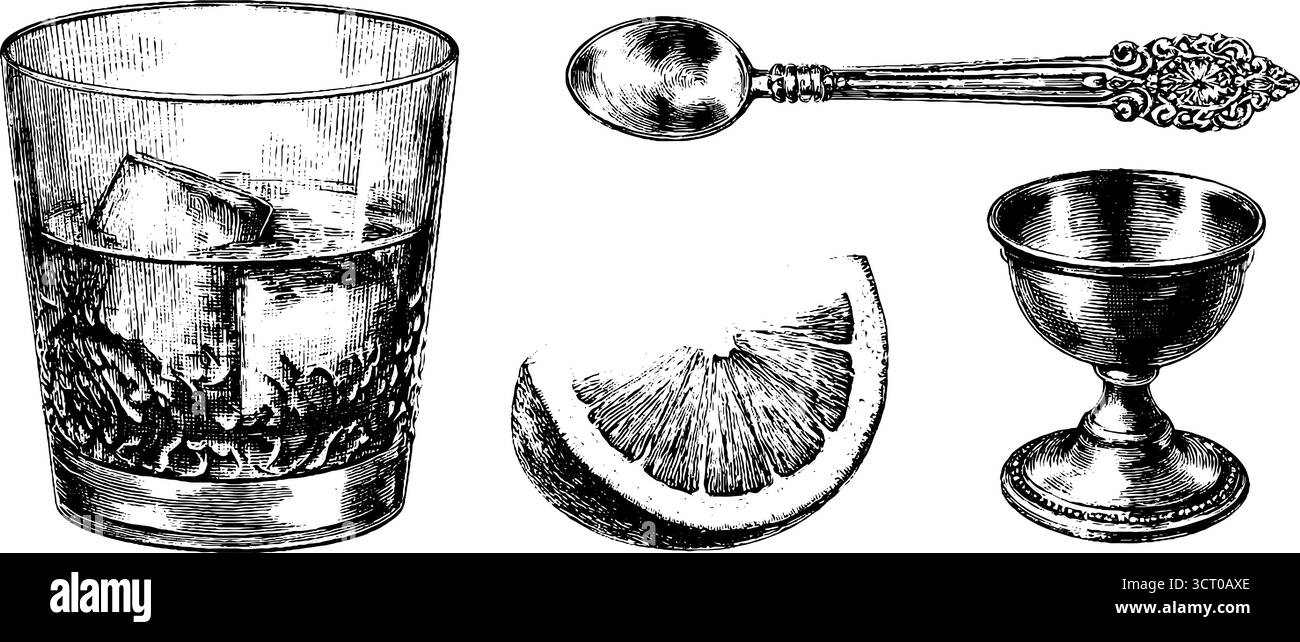Set vintage inciso di vetro negroni, cucchiaio, fetta di agrumi e calice per un design da bar retrò. Illustrazione Vettoriale