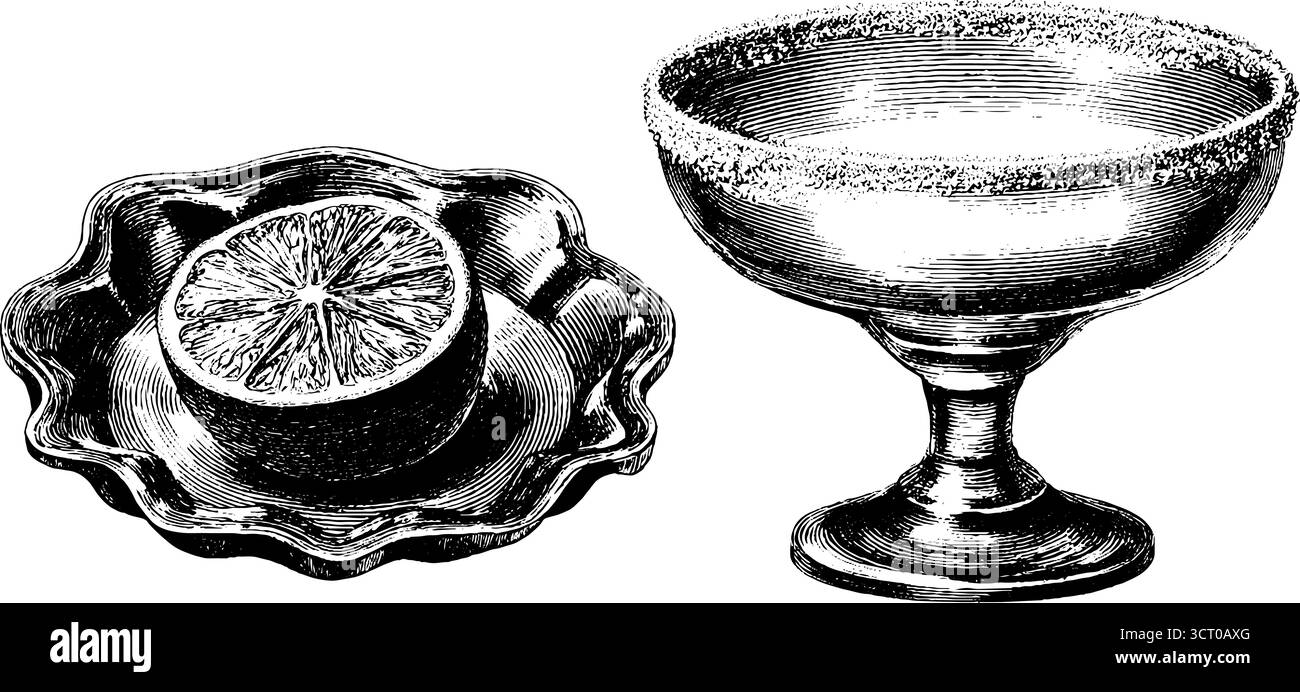 Vetro margarita vintage e incisione a fette di lime per un design da bar retrò. Illustrazione Vettoriale