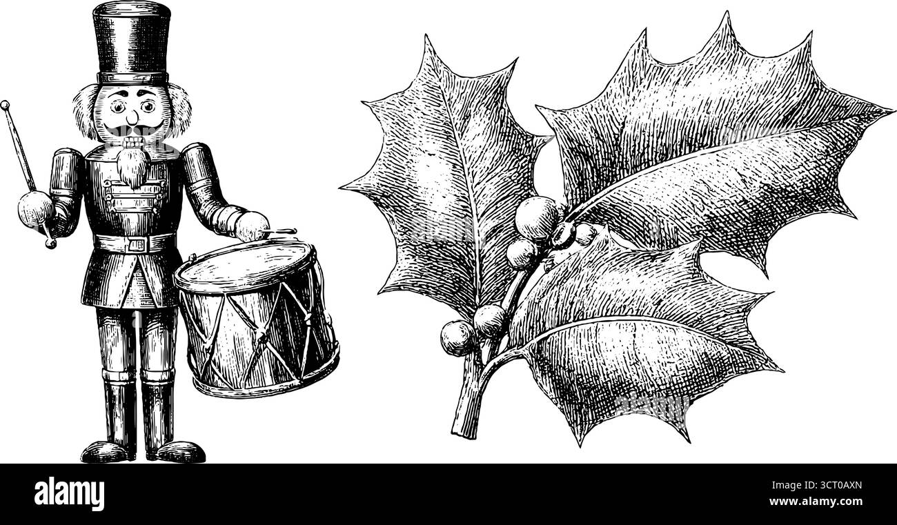 Il soldato dello Schiaccianoci e l'agrifoglio lasciano incisioni per decorazioni natalizie o artigianato natalizio. Illustrazione Vettoriale