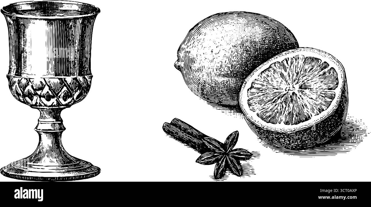 Collezione incisa di bicchieri di VIN brulé e ingredienti per il design delle vacanze. Illustrazione Vettoriale