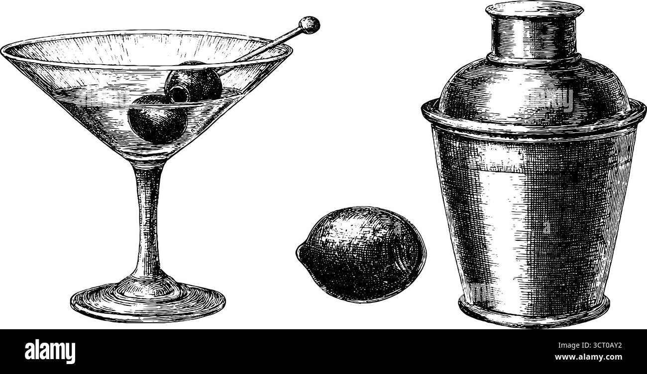 Bicchiere di martini vintage inciso e cocktail shaker per un classico design da bar. Illustrazione Vettoriale