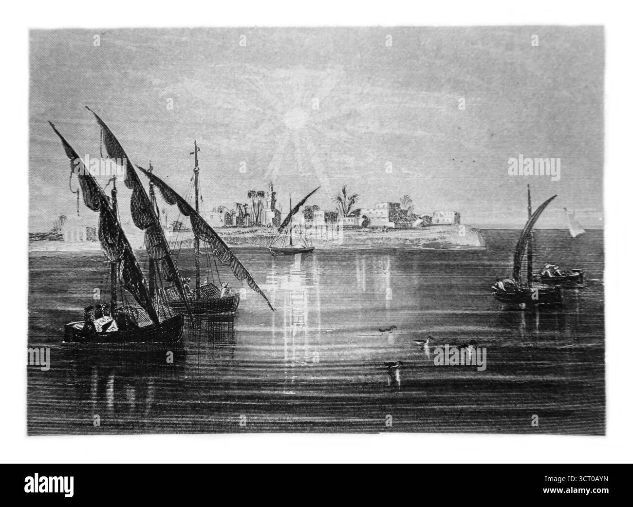 Illustrazione di Noph - Villaggio Metrahenny sul Nilo (Noph si crede si trovi a Memphis in Egitto) dall'antica Sacra Bibbia del XIX secolo (1851) Foto Stock