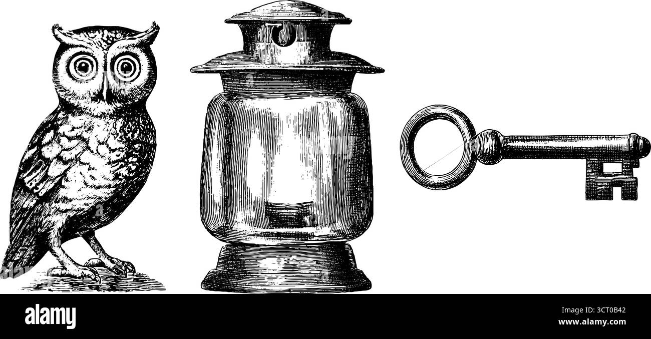 Set vintage inciso di gufo, lanterna e illustrazioni chiave per un design retrò. Illustrazione Vettoriale