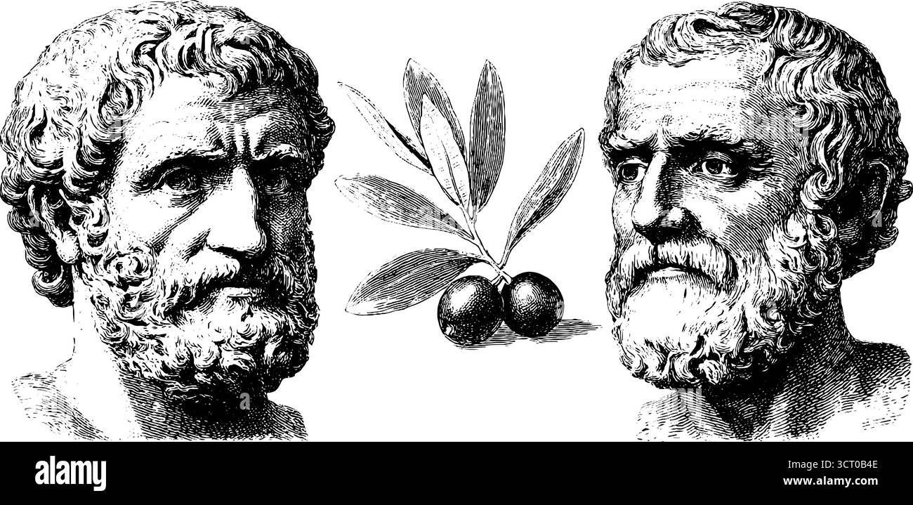 Set illustrativo vintage con busti in marmo e foglie di fico per un design retrò. Illustrazione Vettoriale