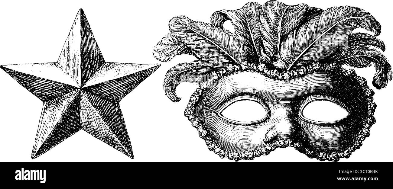 Set di illustrazioni vintage con incisione, maschera e stella in piuma per un design retrò. Illustrazione Vettoriale