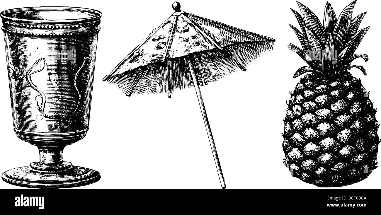 Set di illustrazioni vintage incise in vetro pina colada, ombrello e ananas per un design e una decorazione retrò. Illustrazione Vettoriale
