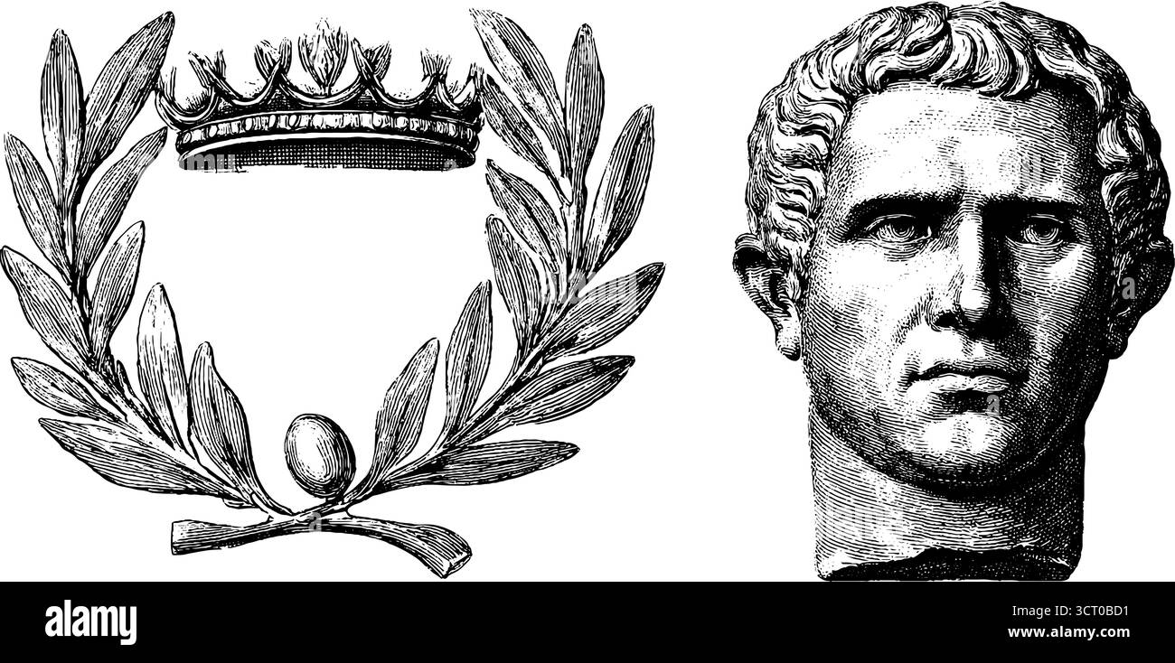 Set di illustrazioni vintage incise con busto in marmo e corona d'alloro per un design storico. Illustrazione Vettoriale