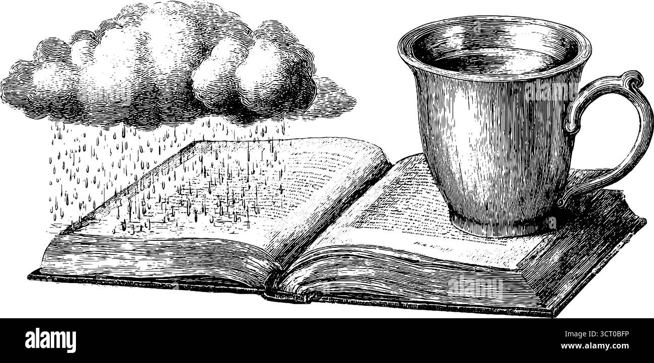 Incisione vintage di finestre piovose con libro aperto e tazza per il design stagionale. Illustrazione Vettoriale