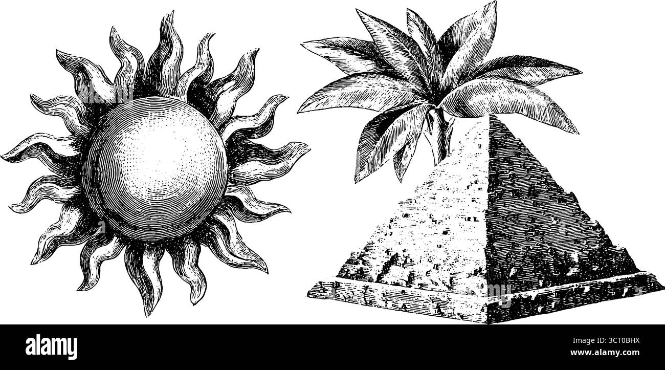 Design vintage a piramide e incisione solare per poster o cartoline. Illustrazione Vettoriale