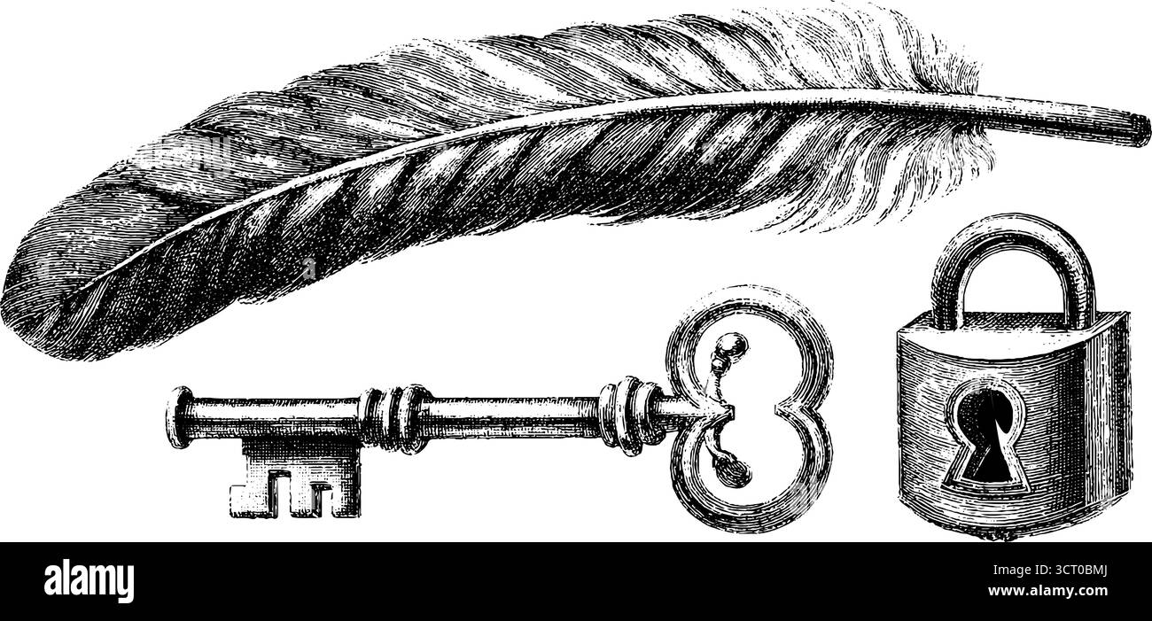 Intricata collezione incisa di chiavi in piuma corvino e lucchetto per un design retrò. Illustrazione Vettoriale