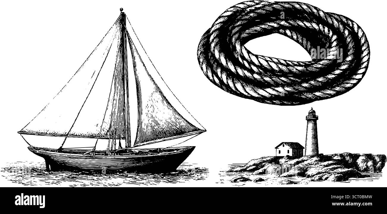 Collezione Nautical vintage: Barche a vela, corde e incisioni sul faro per un design retrò. Illustrazione Vettoriale
