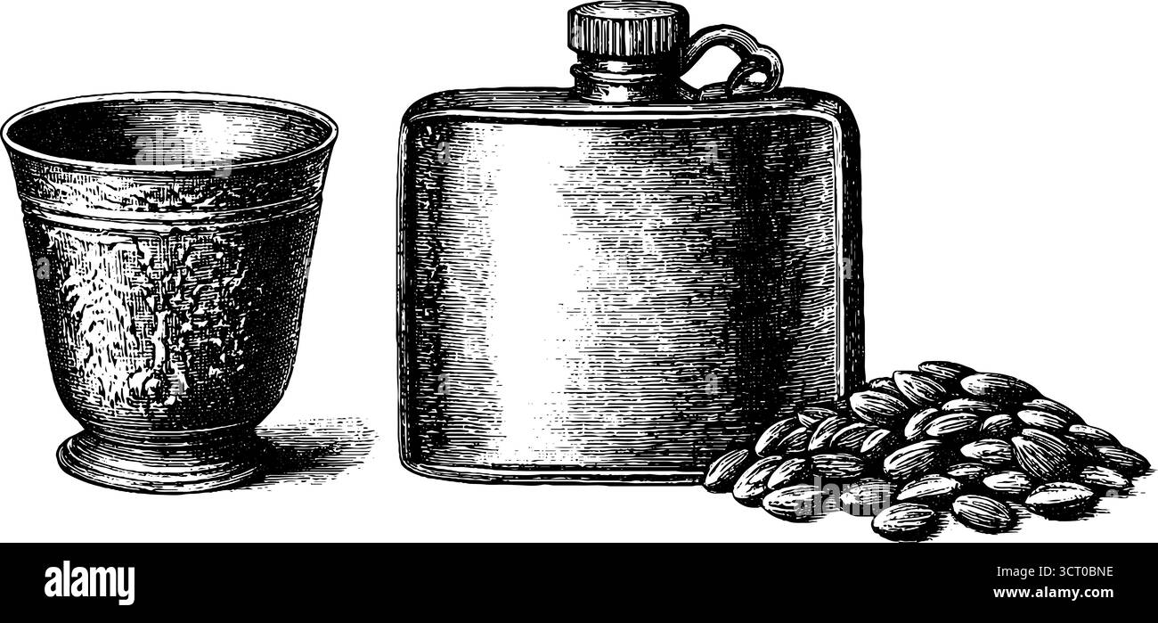 Set illustrativo vintage con incisione, tazza e fiasca per un design retrò. Illustrazione Vettoriale