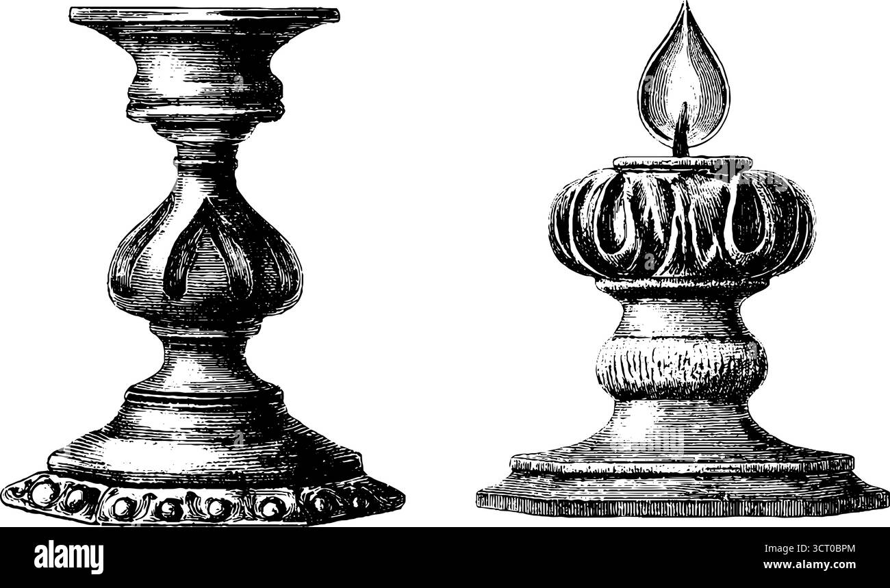 Set illustrativo vintage con incisioni di candele a colonna e supporti per un design retrò. Illustrazione Vettoriale