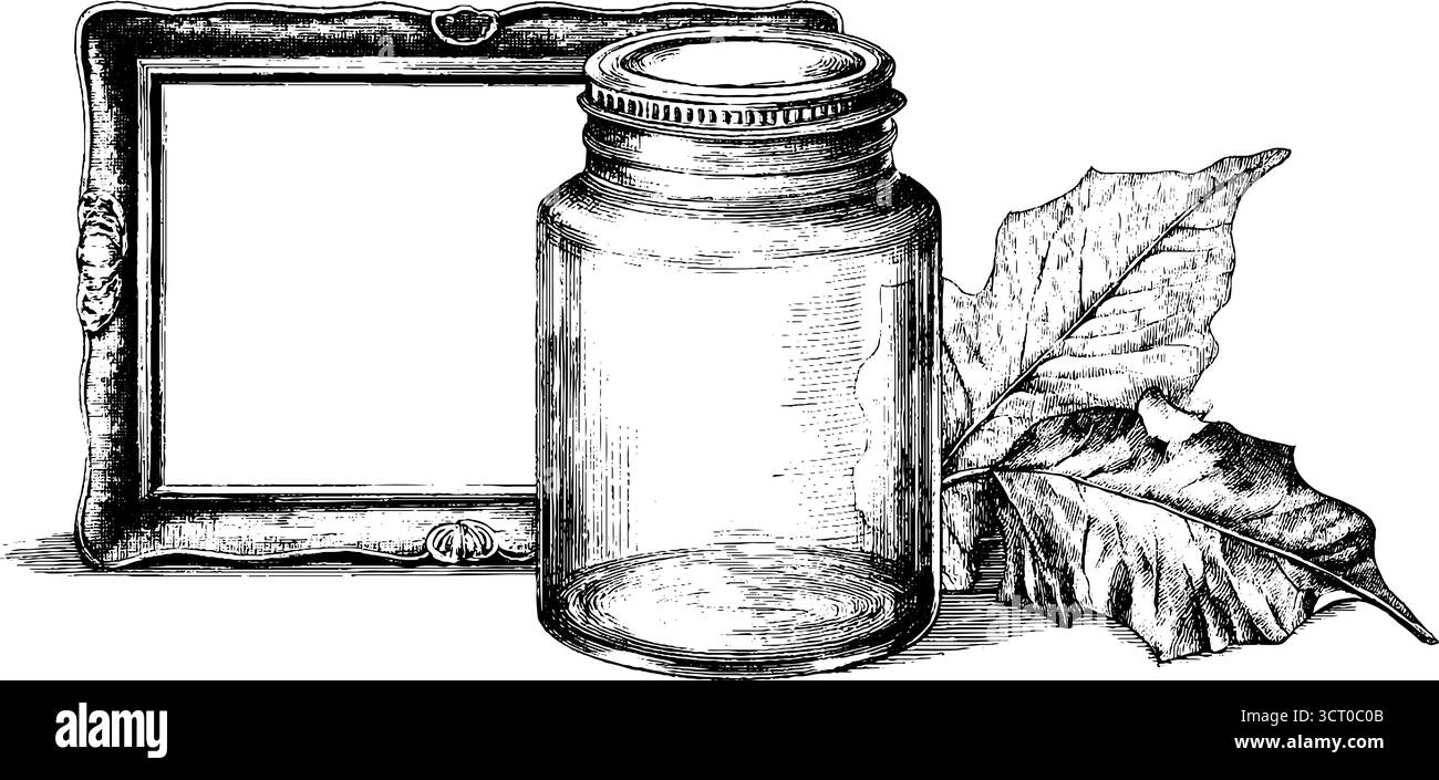 Set vintage inciso con cornice, vaso in vetro e design a foglia per un arredamento retrò. Illustrazione Vettoriale