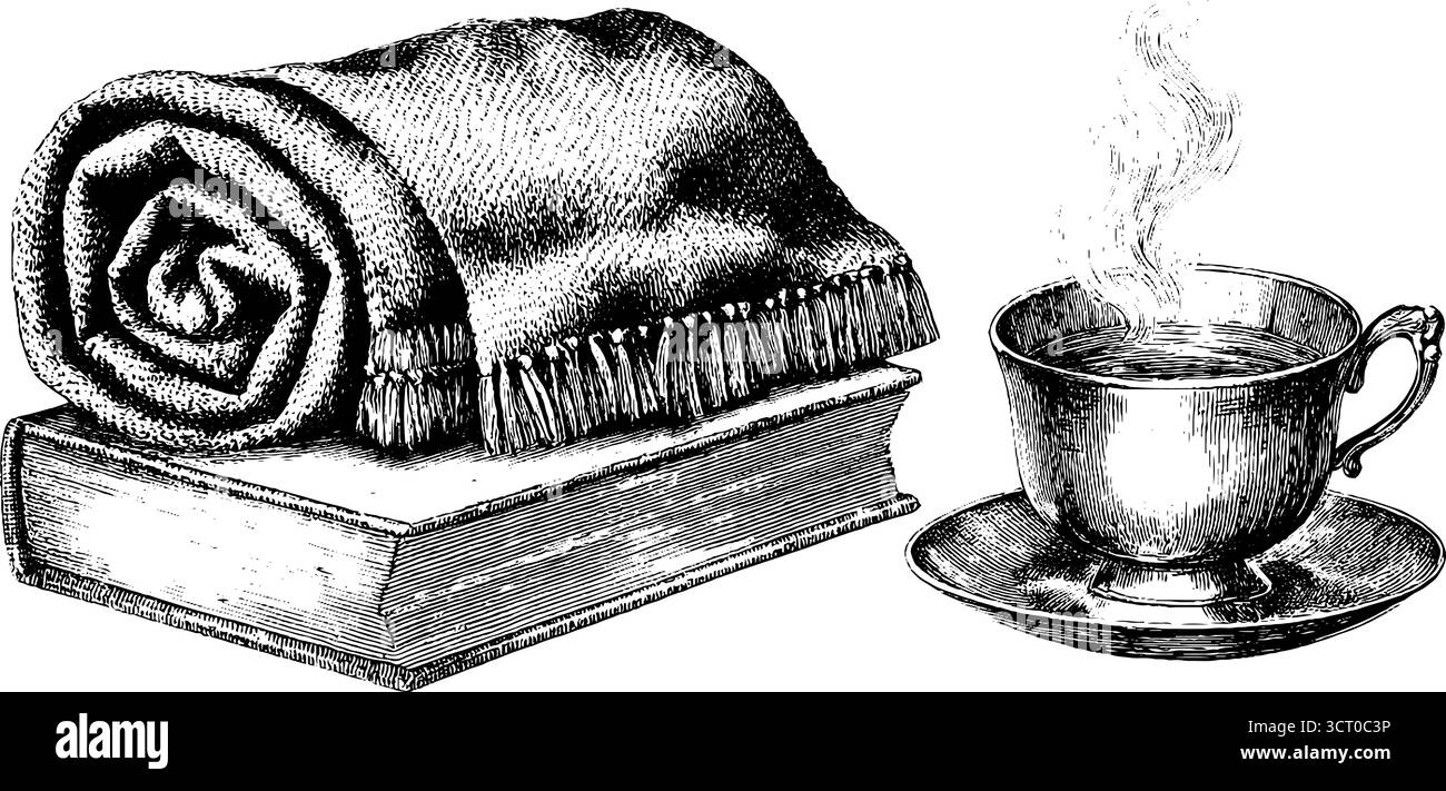 Accogliente raccolta invernale: Set illustrativo inciso di sciarpa, libro e tazza da caffè. Illustrazione Vettoriale