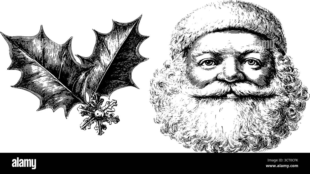 Incisione vintage della testa di babbo natale con il fiocco di neve e il piattello di neve per il design delle vacanze. Illustrazione Vettoriale