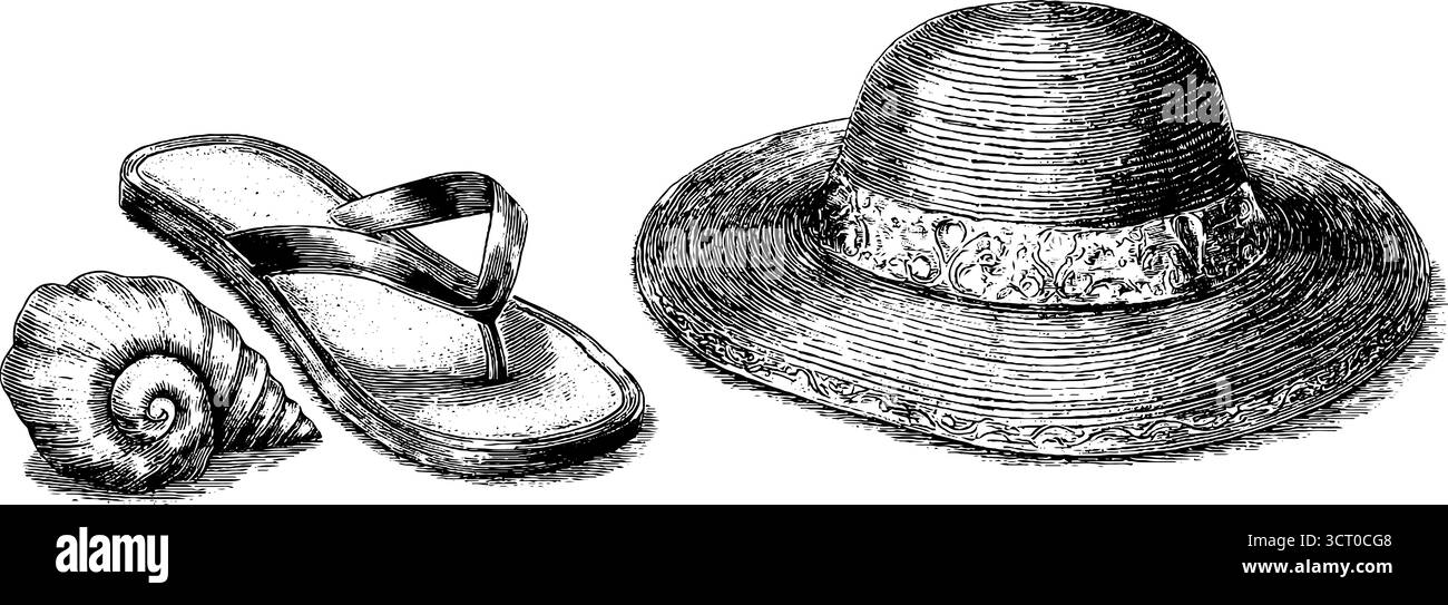 Collezione vintage Summer Beach: Cappello di paglia inciso, conchiglia e sandali. Illustrazione Vettoriale
