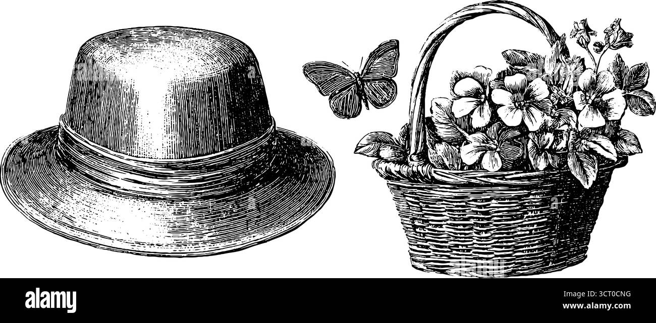 Collezione vintage incisa di cappello da sole e cesto di fiori selvatici - stile retrò e schizzo della natura. Illustrazione Vettoriale