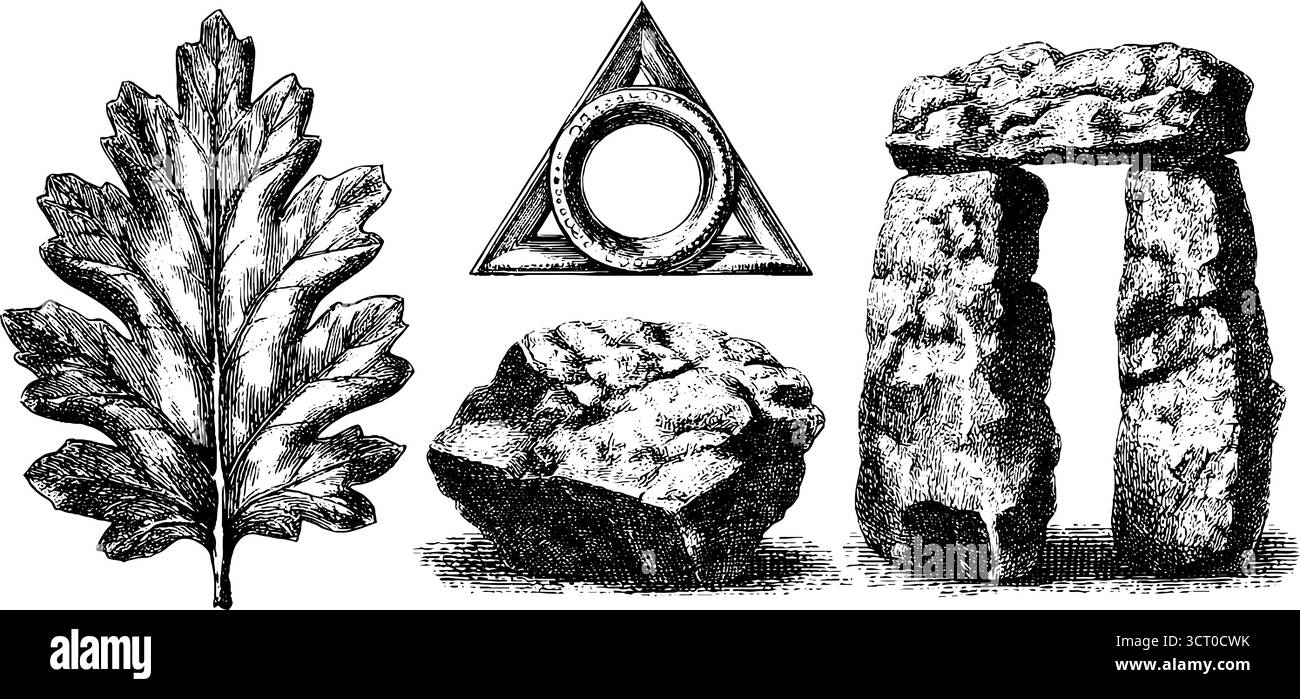 Serie di illustrazioni incise con simbolo di triskelion e manufatti antichi per un design retrò. Illustrazione Vettoriale