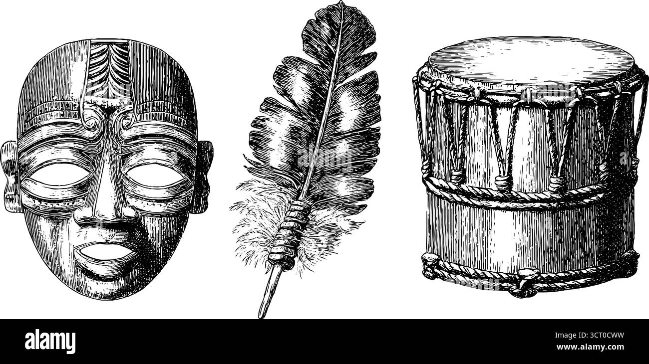 Set di illustrazioni incise su maschera tribale, piume e tamburo per il design culturale. Illustrazione Vettoriale