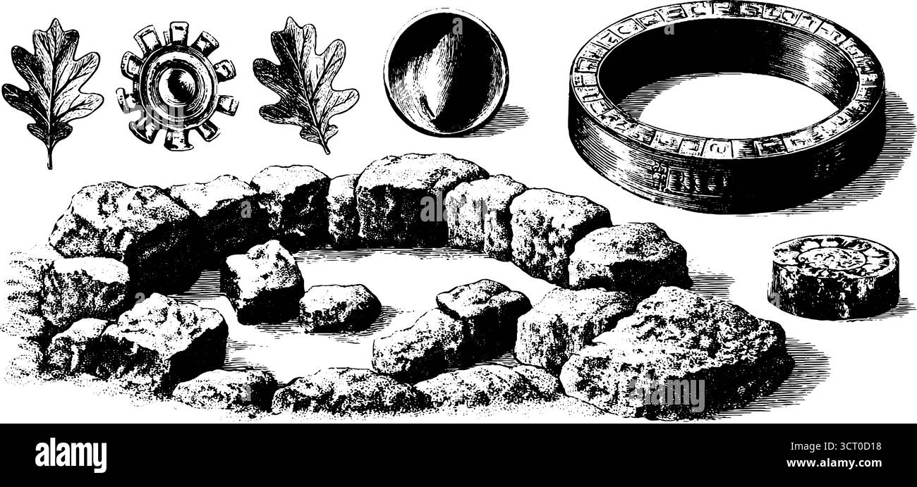 Set illustrativo inciso con simbolo di triskelion e antichi manufatti. Illustrazione Vettoriale