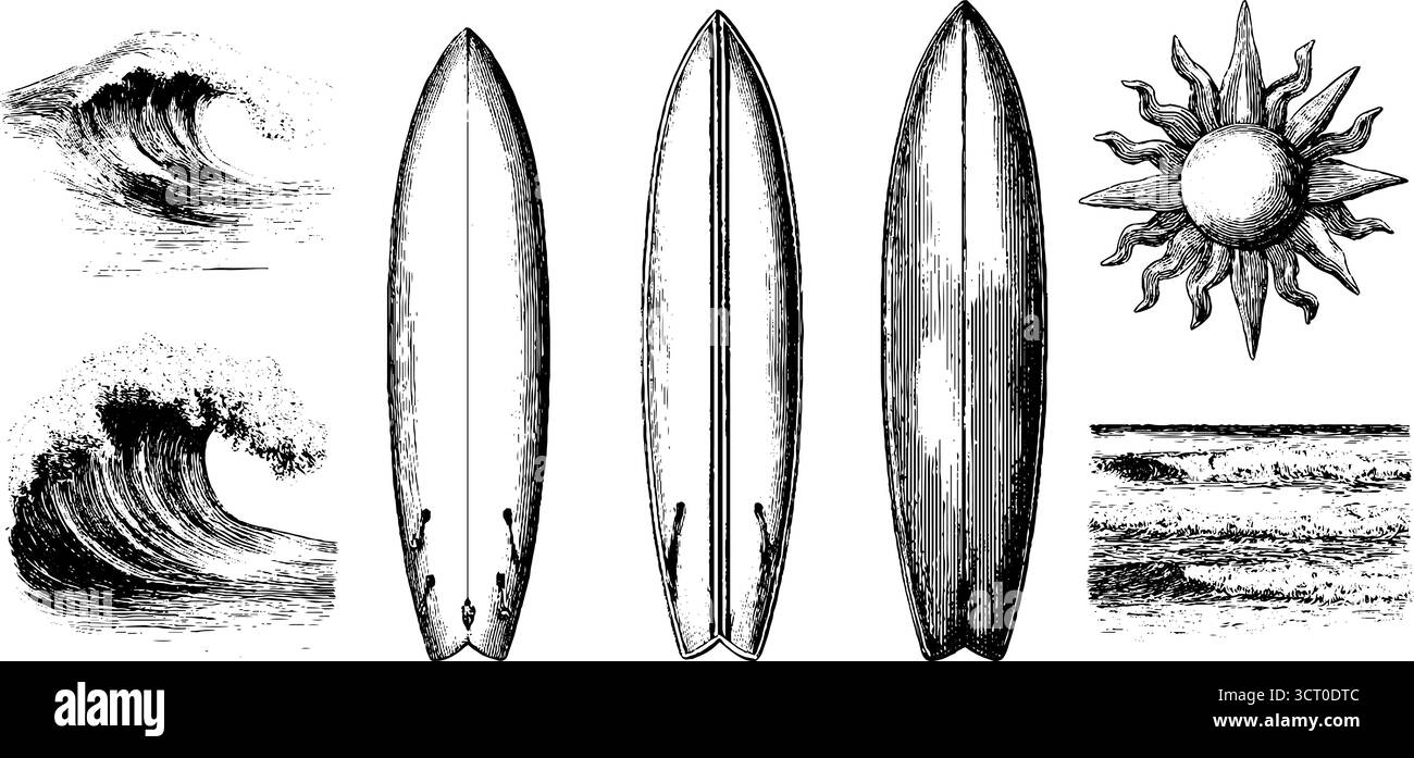 Set illustrativo vintage con incisioni di tavole da surf e onde oceaniche per progetti di design retrò. Illustrazione Vettoriale