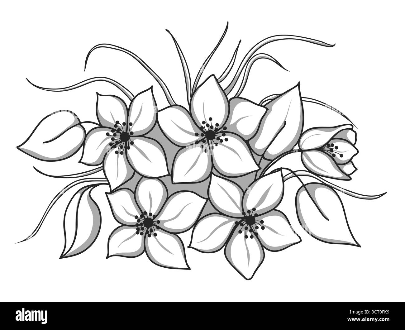 bouquet di fiori bianco e nero con foglie e erba Illustrazione Vettoriale