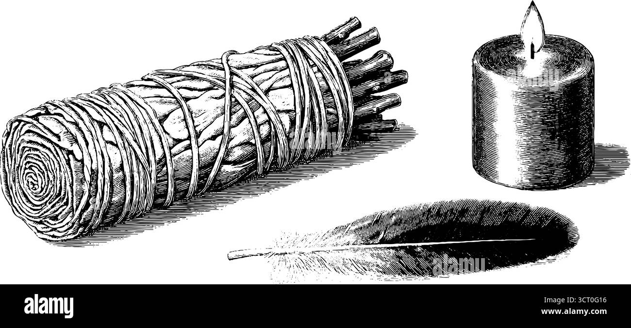 Set inciso di elementi rituali a base di erbe: salvia, candela e piuma per le pratiche spirituali. Illustrazione Vettoriale