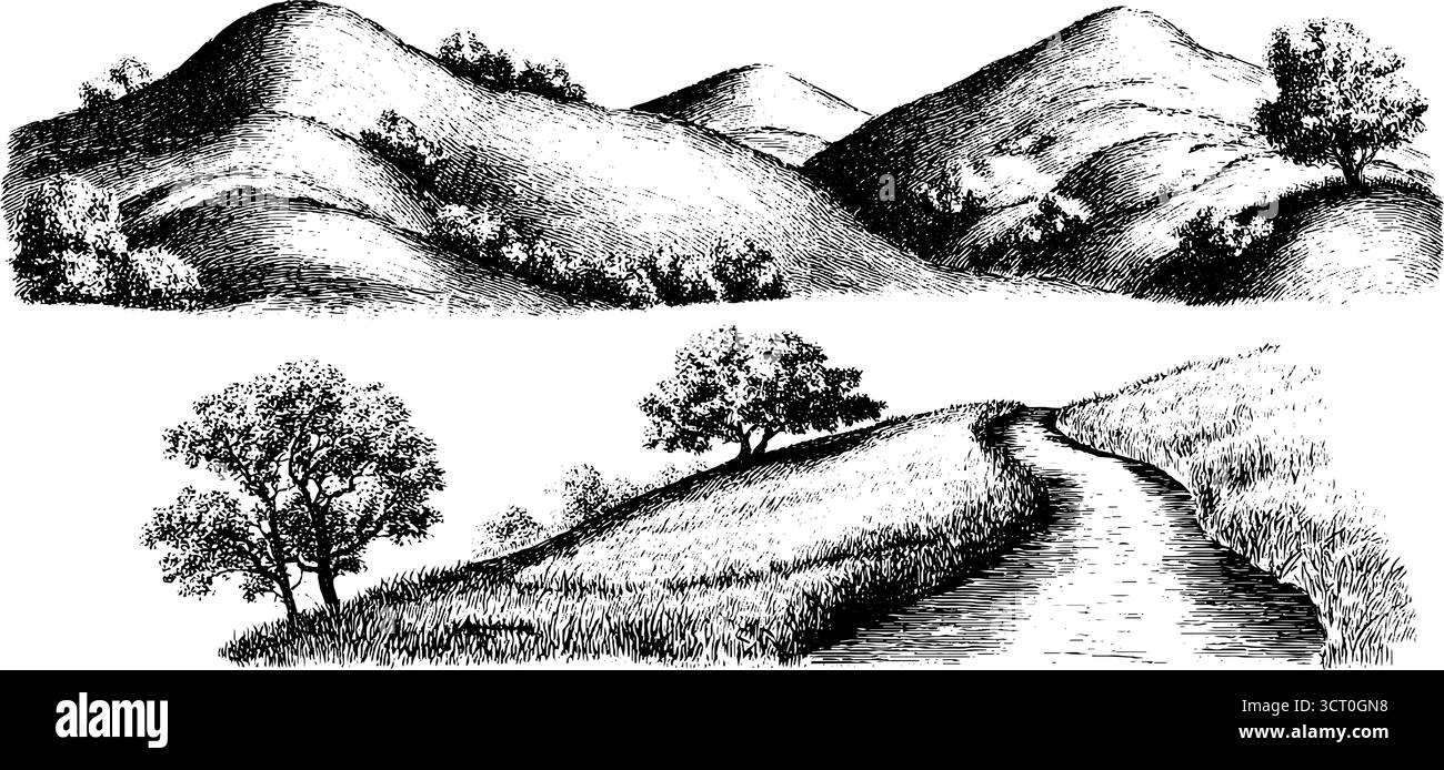Set di incisioni vintage a valle con colline ondulate e serene scene di paesaggio per design creativi. Illustrazione Vettoriale