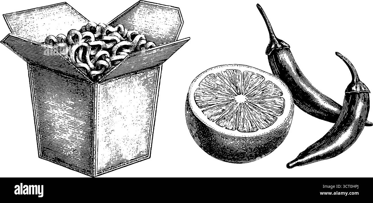 Set illustrativo con incisioni sul cibo di strada thailandese con spaghetti e peperoni per un design culinario. Illustrazione Vettoriale