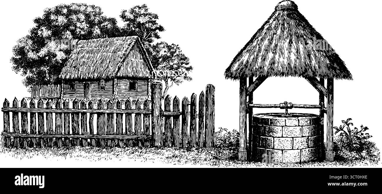 Set illustrativo in stile vintage Village House e paglia ben inciso per un design retrò. Illustrazione Vettoriale