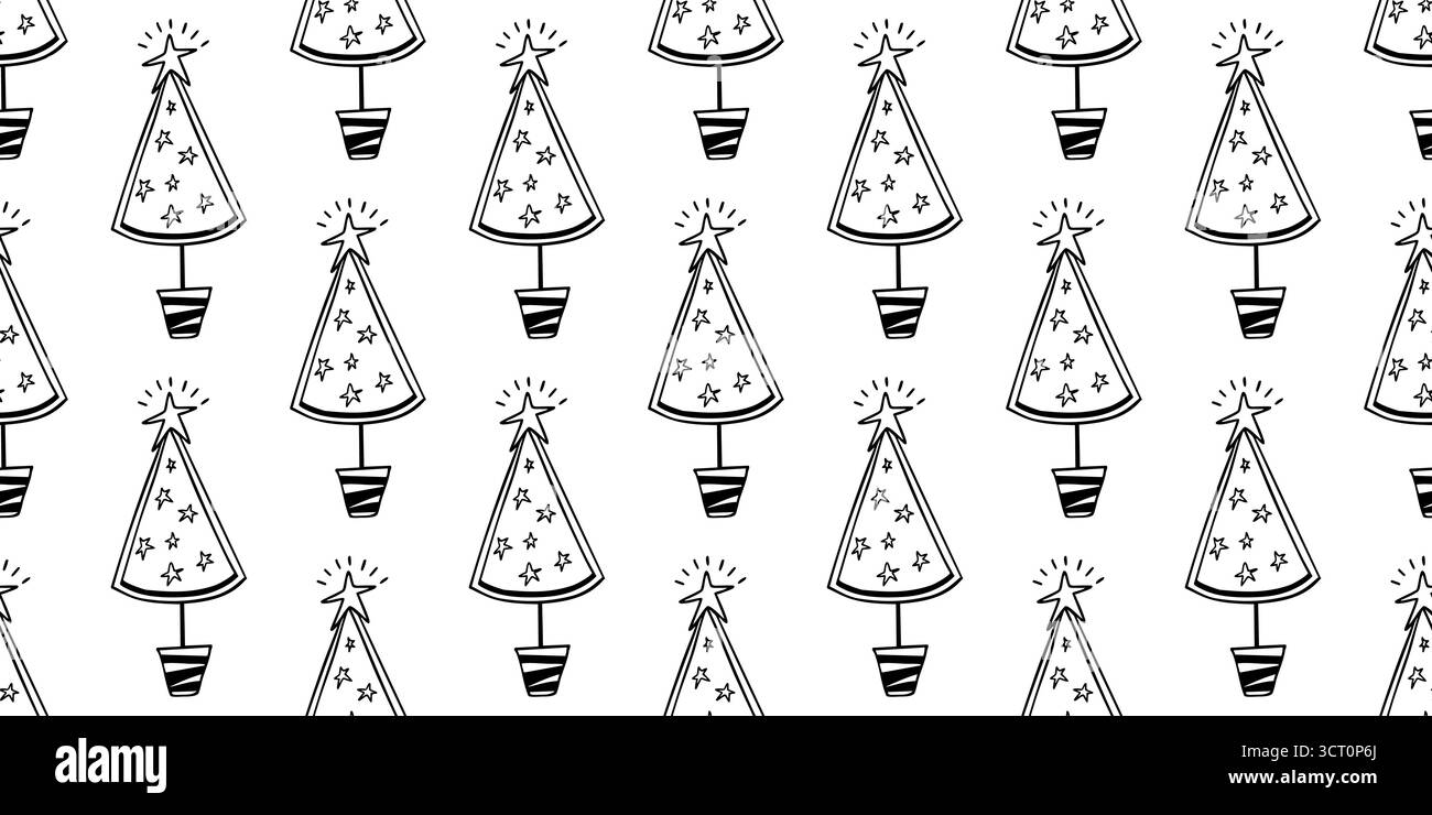 Motivo a forma di doodle perfetto per le feste con alberi di Natale decorati con stelle in stile. Sfondo vettoriale scarabocchio Lineart. Illustrazione Vettoriale