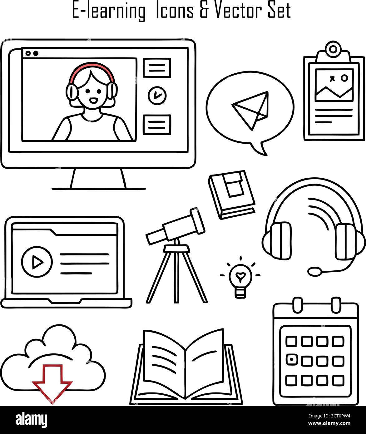 Concetto di e-learning con istruzione digitale, corsi online, classi virtuali e moderna tecnologia di apprendimento a distanza Illustrazione Vettoriale